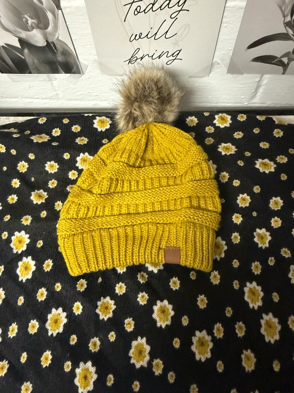 SO Yellow Knit Pom Pom Beanie and Reversible Scarf